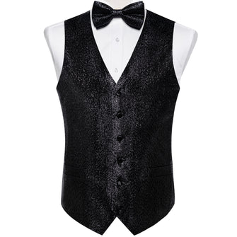 Black Paisley Shiny Print Jacquard Silk Waistcoat Vest Bowtie Pocket Square Cufflinks Set
