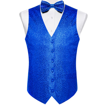 Blue Paisley Shiny Print Jacquard Silk Waistcoat Vest Bowtie Pocket Square Cufflinks Set