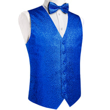 Blue Paisley Shiny Print Jacquard Silk Waistcoat Vest Bowtie Pocket Square Cufflinks Set
