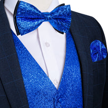 Blue Paisley Shiny Print Jacquard Silk Waistcoat Vest Bowtie Pocket Square Cufflinks Set