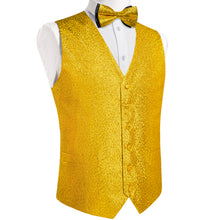 Yellow Paisley Shiny Print Jacquard Silk Waistcoat Vest Bowtie Pocket Square Cufflinks Set