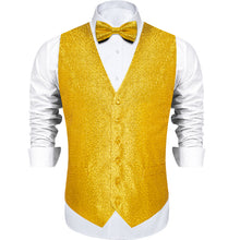 Yellow Paisley Shiny Print Jacquard Silk Waistcoat Vest Bowtie Pocket Square Cufflinks Set