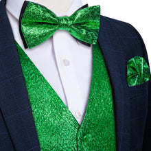 Green Paisley Shiny Print Jacquard Silk Waistcoat Vest Bowtie Pocket Square Cufflinks Set
