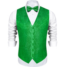 Green Paisley Shiny Print Jacquard Silk Waistcoat Vest Bowtie Pocket Square Cufflinks Set