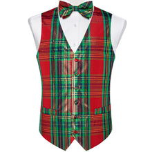 Green Red Striped Shiny Print Jacquard Silk Waistcoat Vest Bowtie Pocket Square Cufflinks Set