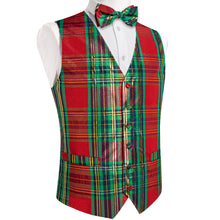 Green Red Striped Shiny Print Jacquard Silk Waistcoat Vest Bowtie Pocket Square Cufflinks Set