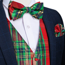 Green Red Striped Shiny Print Jacquard Silk Waistcoat Vest Bowtie Pocket Square Cufflinks Set