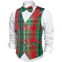 Green Red Striped Shiny Print Jacquard Silk Waistcoat Vest Bowtie Pocket Square Cufflinks Set