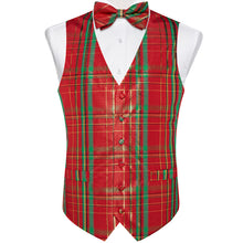 Red Striped Shiny Print Jacquard Silk Waistcoat Vest Bowtie Pocket Square Cufflinks Set
