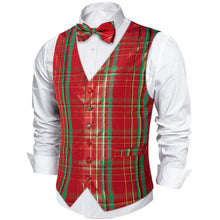 Red Striped Shiny Print Jacquard Silk Waistcoat Vest Bowtie Pocket Square Cufflinks Set