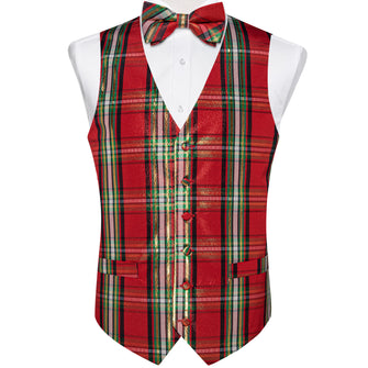 Red Black Golden Striped Shiny Print Jacquard Silk Waistcoat Vest Bowtie Pocket Square Cufflinks Set