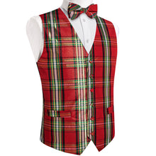 Red Black Golden Striped Shiny Print Jacquard Silk Waistcoat Vest Bowtie Pocket Square Cufflinks Set