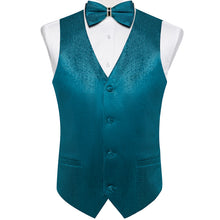 Peacock Blue Solid Waistcoat Vest Bowtie Handkerchief Cufflinks Set