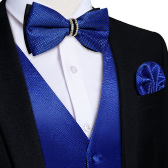 Blue Solid Waistcoat Vest Bowtie Handkerchief Cufflinks Set