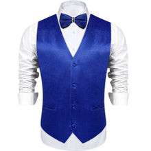 Blue Solid Waistcoat Vest Bowtie Handkerchief Cufflinks Set