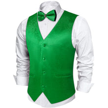 Green Solid Waistcoat Vest Bowtie Handkerchief Cufflinks Set