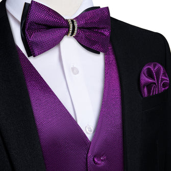 Purple Solid Waistcoat Vest Bowtie Handkerchief Cufflinks Set