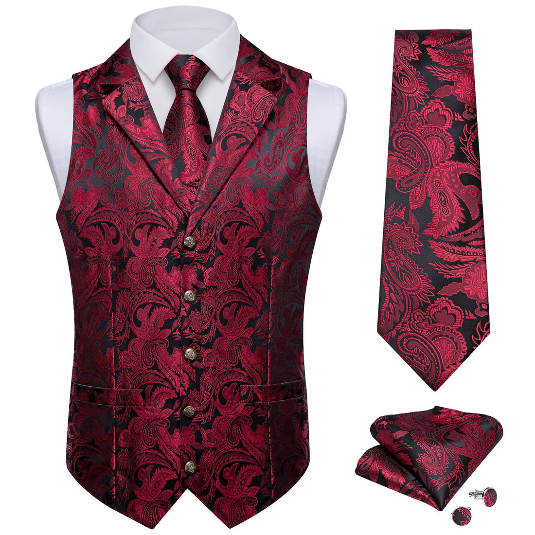 DiBanGu Red Black Paisley Silk Notched Collar Slim Fit Mens Waistcoat Tie Set