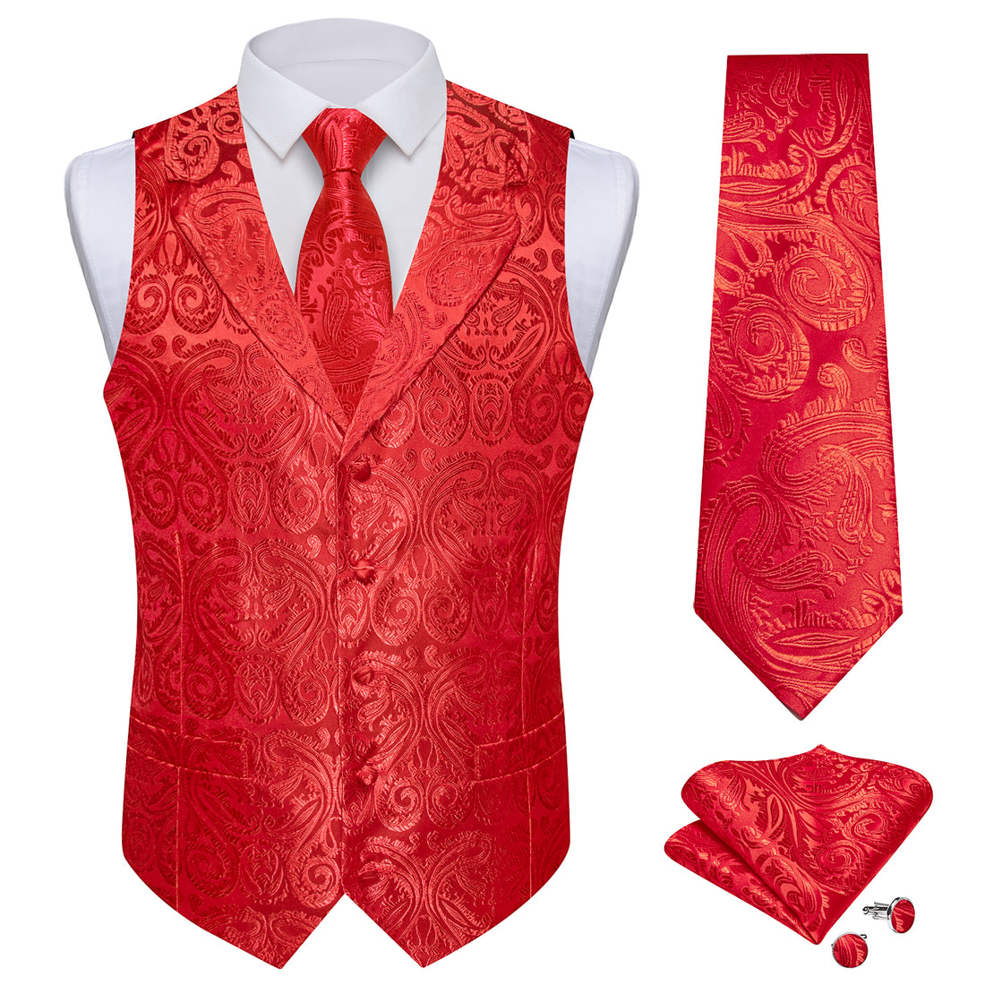 DiBanGu Pure Red Paisley Notched Collar Silk Mens Vest Tie Set
