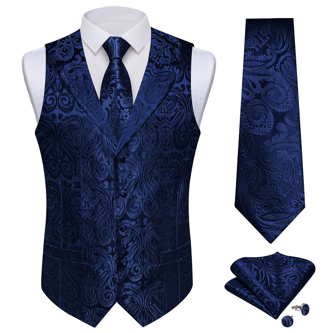 DiBanGu Deep Blue Paisley Notched Collar Silk Mens Vest Tie Set