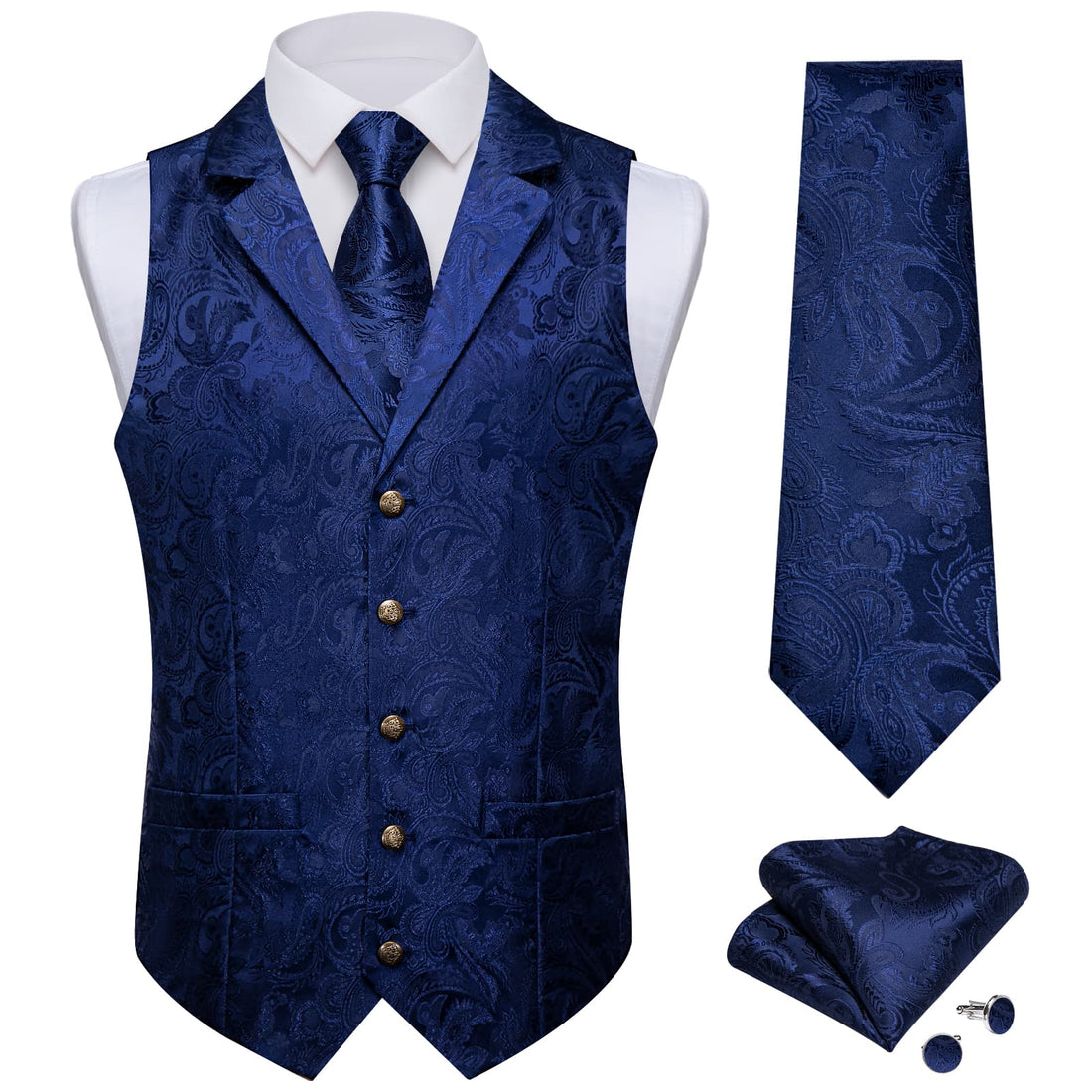 DiBanGu Oxford Blue Paisley Silk Notched Collar Slim Fit Mens Waistcoat Tie Set