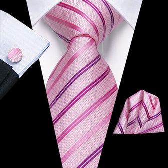 Sweety Pink Striped Tie Hanky Cufflinks Set