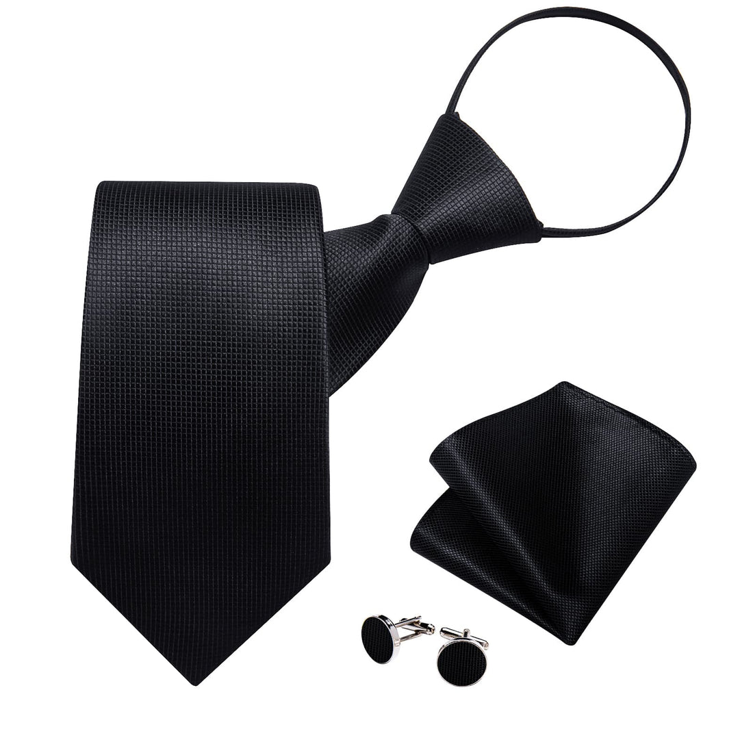 Lazy classic black solid mens silk ties handkerchief cuff links set