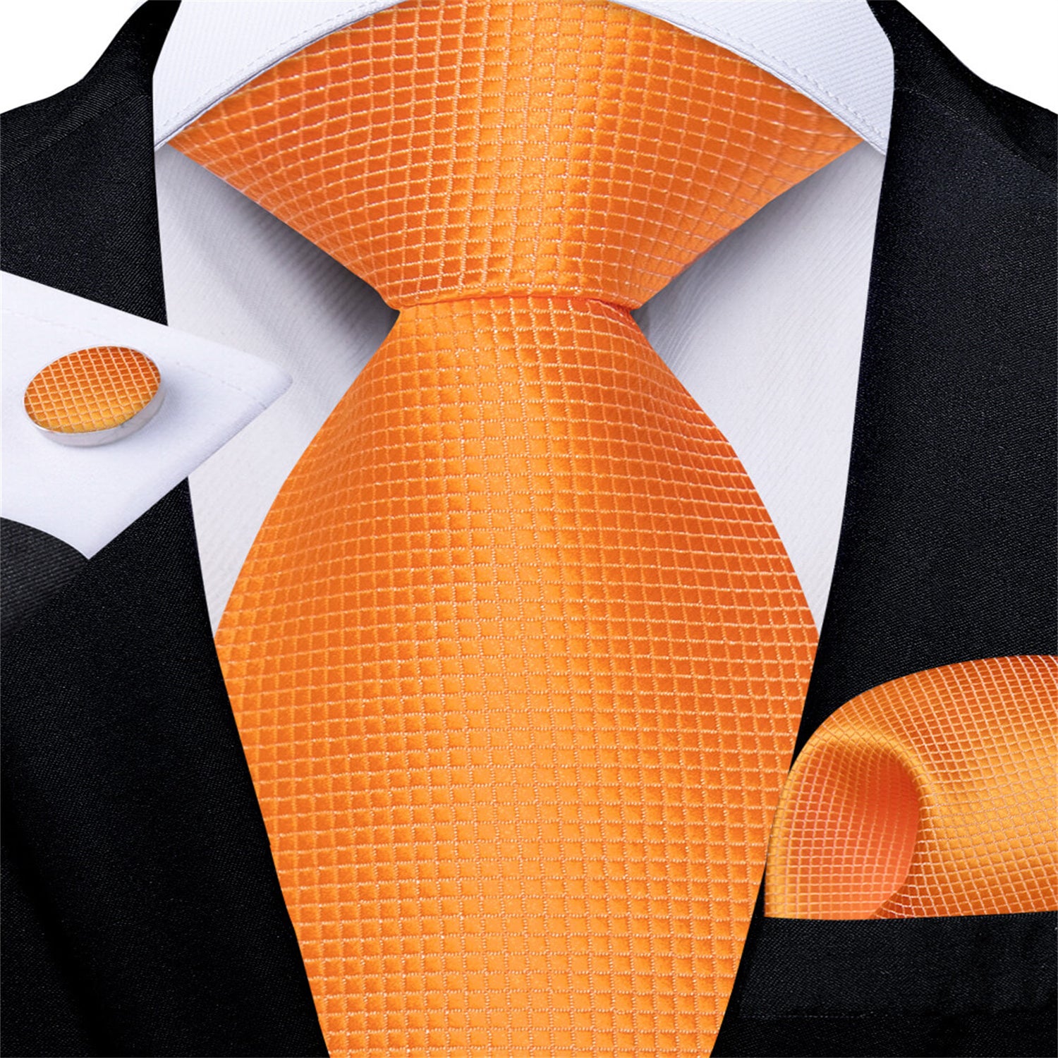 DiBanGu Bucket Tie Dark Orange Plaid Men's Easy-pull Silk Tie Hanky Cufflinks Set