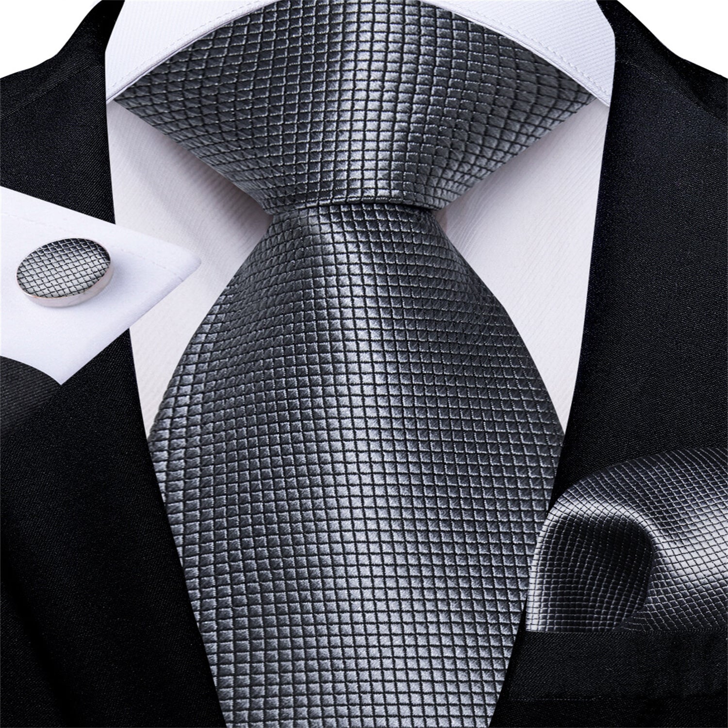 DiBanGu Bucket Tie Dim Gray Plaid Men's Easy-pull Silk Tie Hanky Cufflinks Set Classic