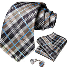 Brown Plaid Tie Pocket Square Cufflinks Set