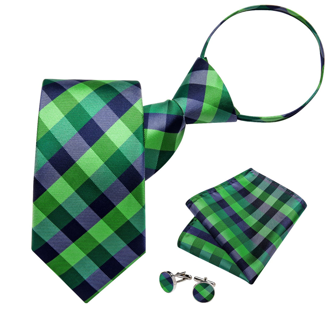 blue green plaid silk mens ties hanky cufflinks set