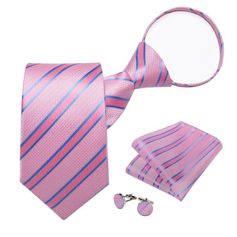 light pink blue lines striped mens silk tie pocket square cufflinks set