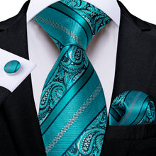 Teal Black Floral Men's Tie Handkerchief Cufflinks Set