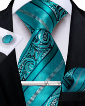 Teal Black Floral Men's Tie Handkerchief Cufflinks Clip Set