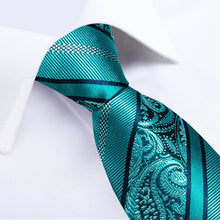 DiBanGu Bucket Tie Dark Turquoise Blue Striped Paisley Men's Silk Tie Set