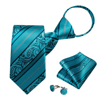 Dark Turquoise Blue Striped Paisley Men's Silk Tie
