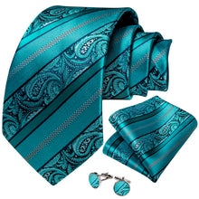 Teal Black Floral Men's Tie Handkerchief Cufflinks Set