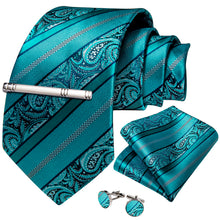 Teal Black Floral Men's Tie Handkerchief Cufflinks Clip Set