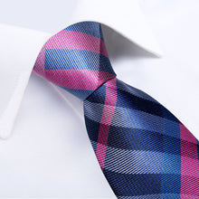 blue pink plaid mens silk ties pocket square cufflinks set