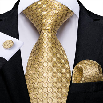 Golden Floral Men's Silk Tie Handkerchief Cufflinks Set