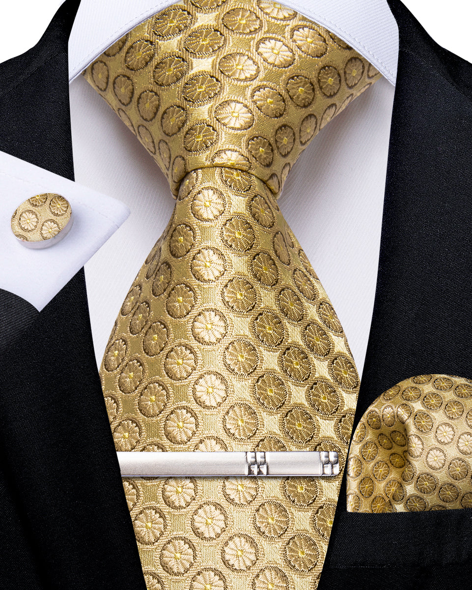 Golden Floral Men's Tie Handkerchief Cufflinks Clip Set