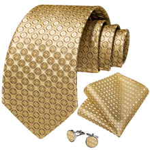 Golden Floral Men's Silk Tie Handkerchief Cufflinks Set