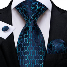 Blue Geometric Tie Handkerchief Cufflinks Set