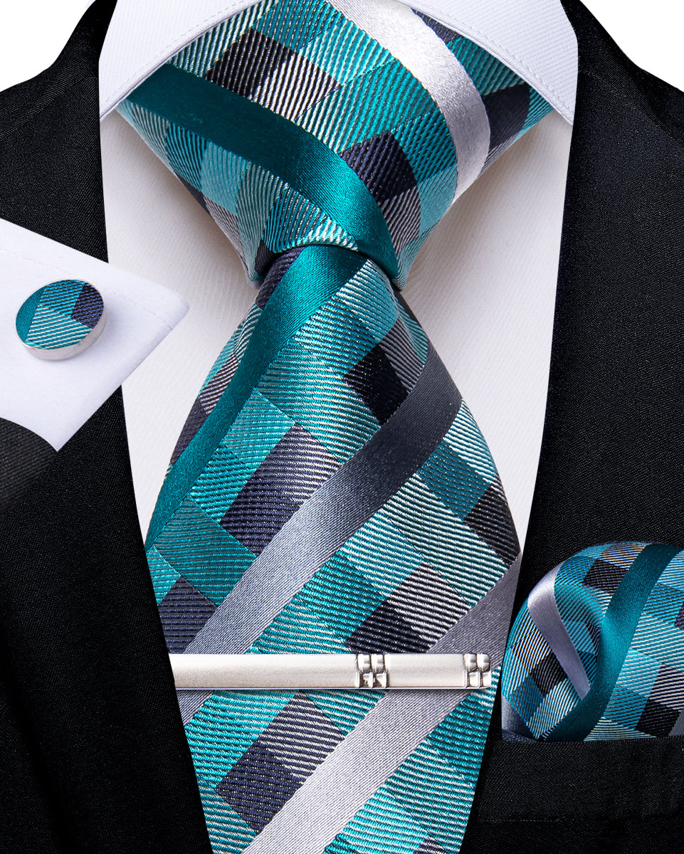 Blue Stripe Lattice Men's Tie Handkerchief Cufflinks Clip Set