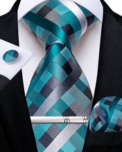 Blue Stripe Lattice Men's Tie Handkerchief Cufflinks Clip Set