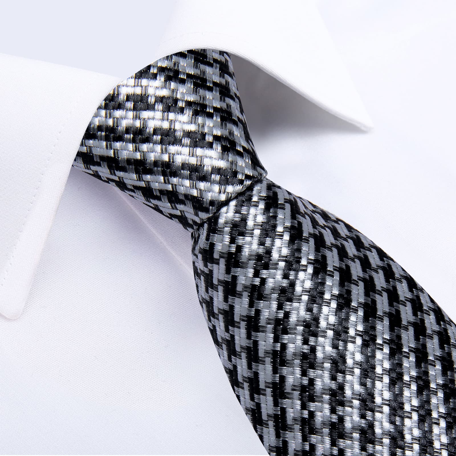 Black White Houndstooth Plaid Lazy Easy-pull Mens Dress Tie Handkerchief cufflinks set