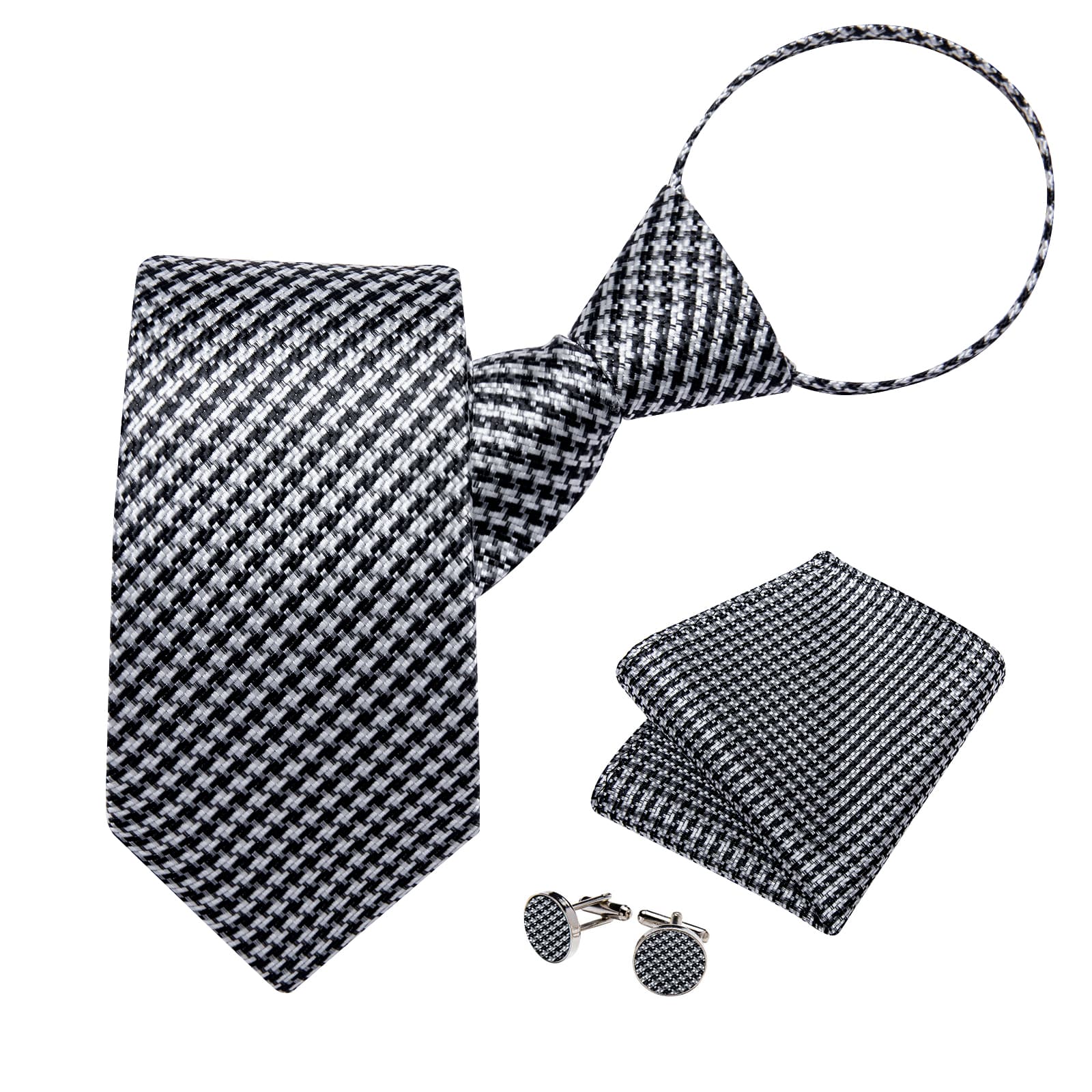 Black White Houndstooth Plaid Lazy Easy-pull Mens Dress Tie Handkerchief cufflinks set