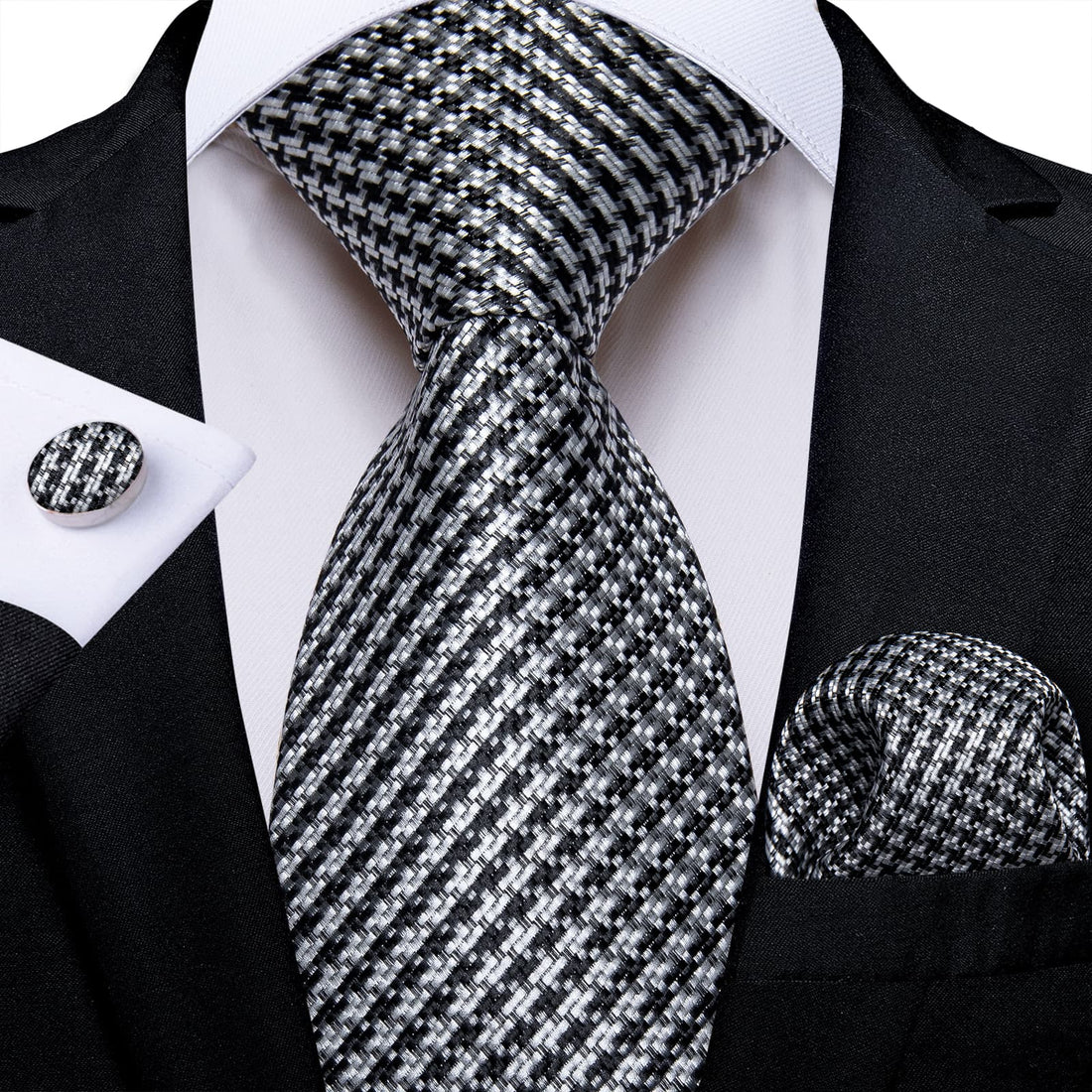 Black White Houndstooth Plaid Lazy Easy-pull Mens Dress Tie Handkerchief cufflinks set
