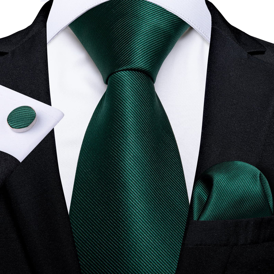 mens silk solid deep green ties hanky cufflinks set