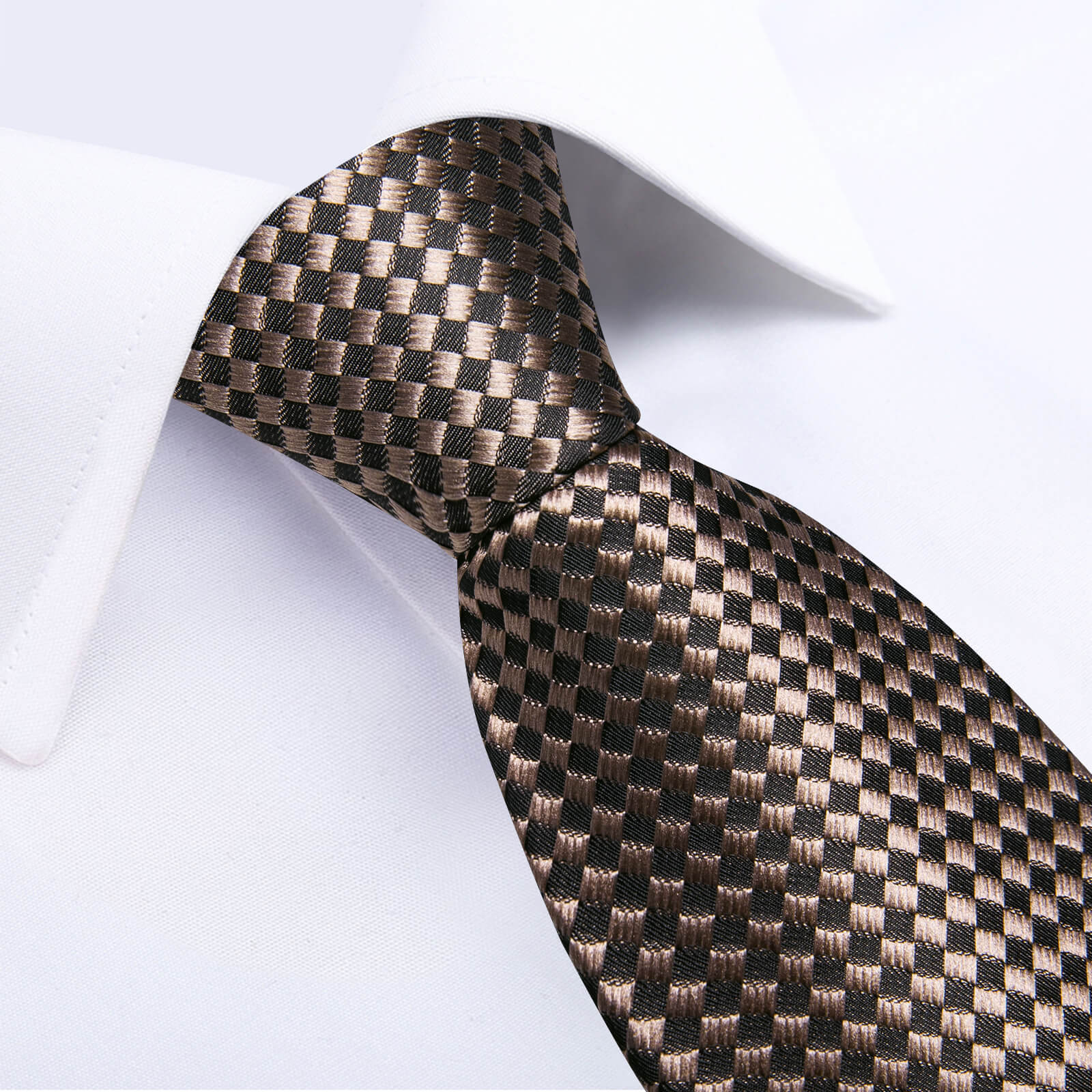 DiBanGu Bucket Tie Brown Woven Plaid Men's Silk Tie Hanky Cufflinks Set